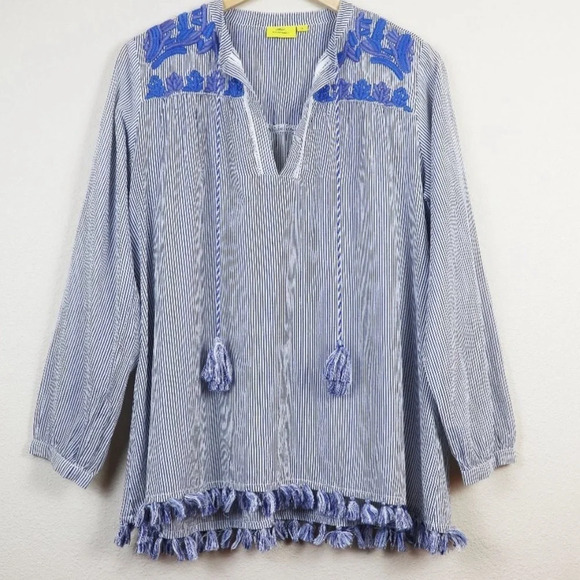 Roller Rabbit 100% Cotton India Boho Embroidered Tassel Striped Blouse Top M - Picture 1 of 13
